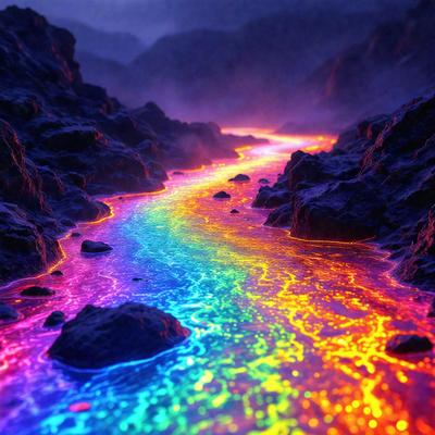 The primary subject of the image is a rainbow-colored river flowing through a dark, rocky landscape. The river is illuminated by a warm, glowing light, creating a striking contrast between the vibrant colors and the surrounding darkness. The setting appears to be a nighttime scene, with the river's light casting a soft, diffused illumination over the surrounding rocks and water. The visual style of the image is a combination of photo and digital art, with the river's colors and the overall